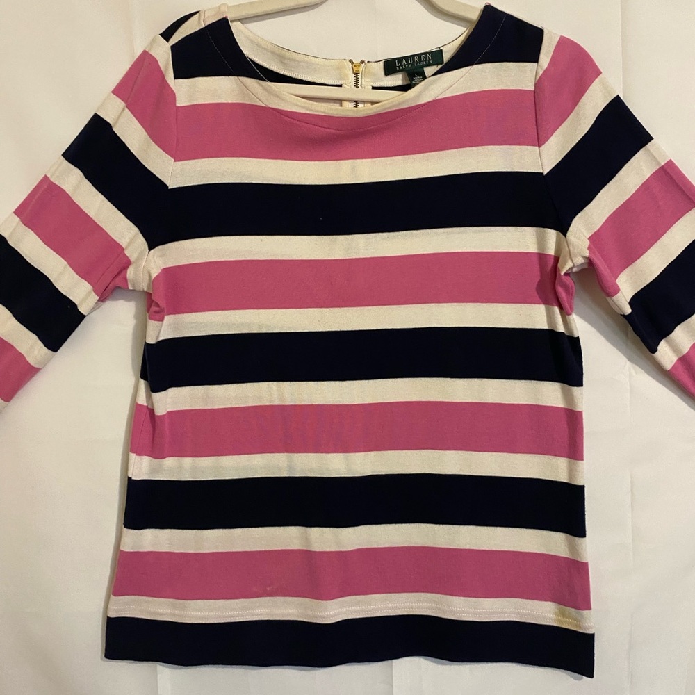 Ralph Lauren Pink and Navy Striped Long Sleeve Tee